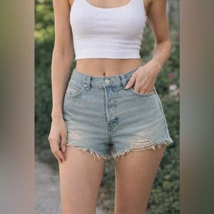 Z0217. New Free People We the Free High-Waist Light Blue Denim Frayed Hem Shorts